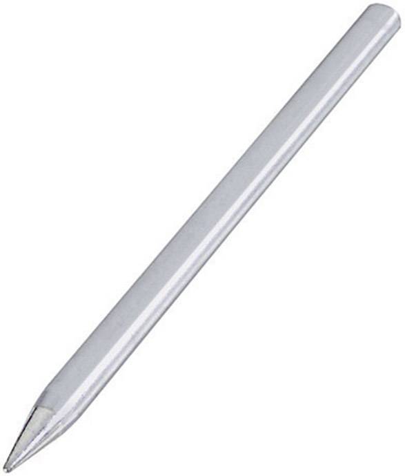 A silver ballpoint pen refill, angled upwards to the right, against a white background.