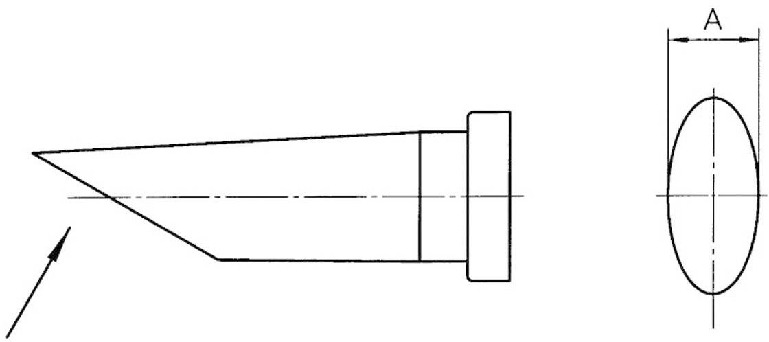 Technical drawing of a wedge-shaped component with dimension 'A'. Main view shows a tapering edge on the left side.