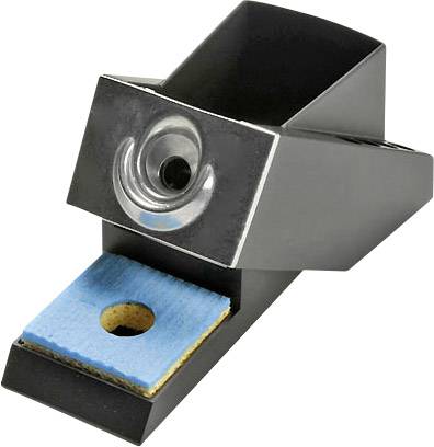 A black metal stamp with a blue ink cartridge, opened to reveal the cartridge.