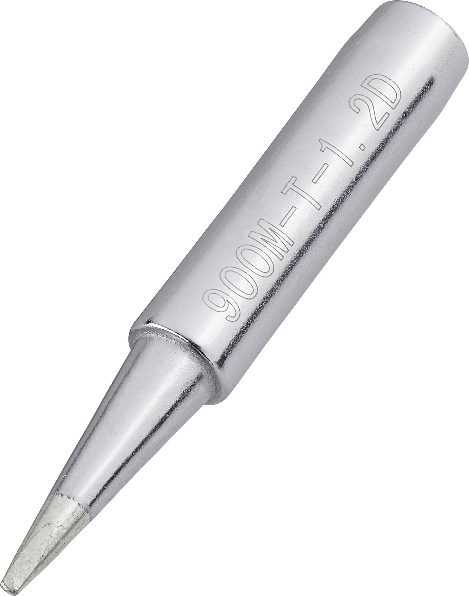 Metal soldering tip, lying sideways, with the inscription '900M-T-1.2D'.