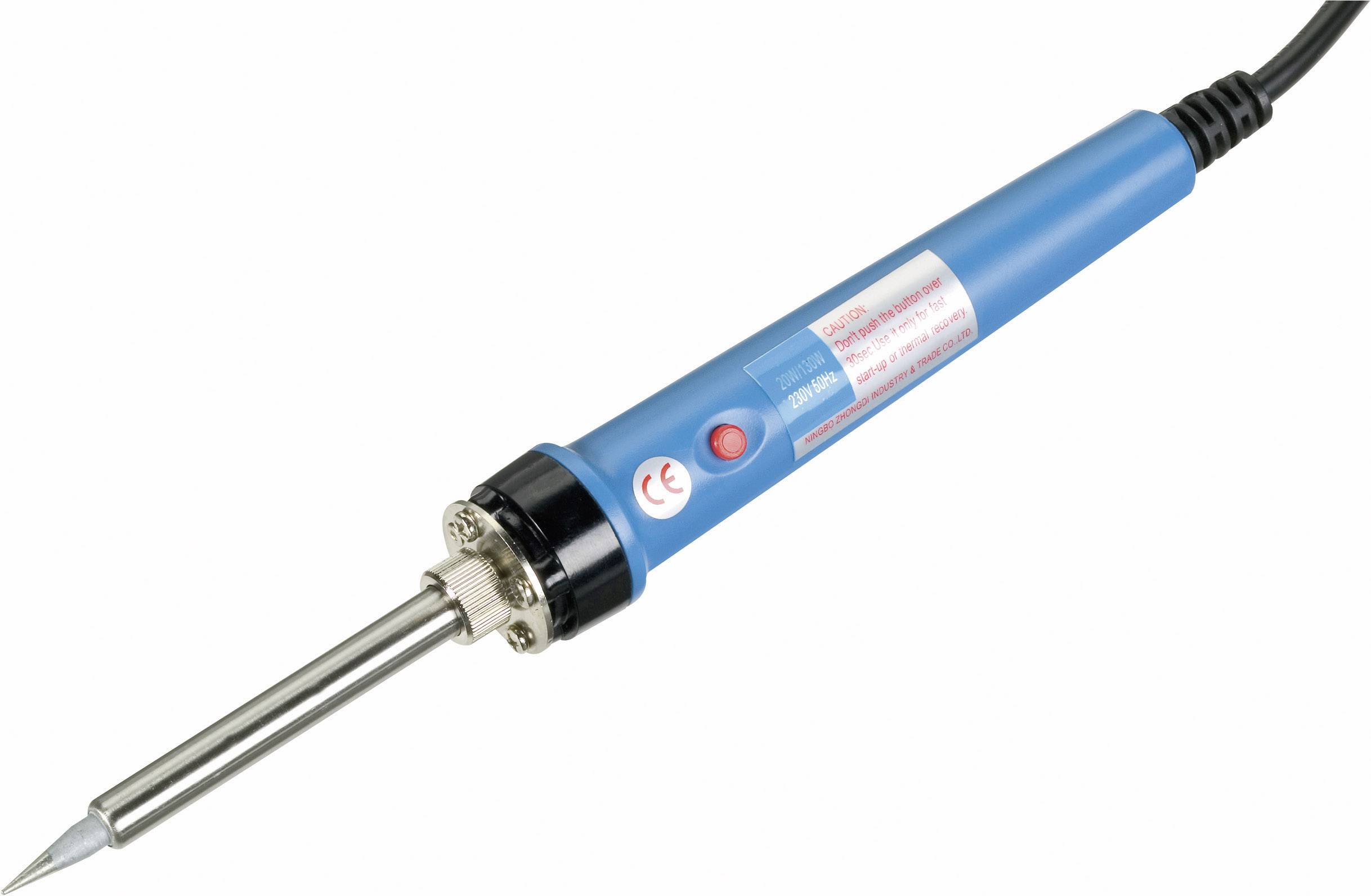 A blue soldering iron that is switched on and connected with a black cable is used for soldering electronic components.