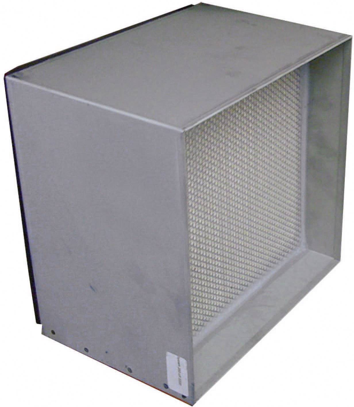 A rectangular metal frame with a fine mesh or filter element. Serves as an air filter in a ventilation system.