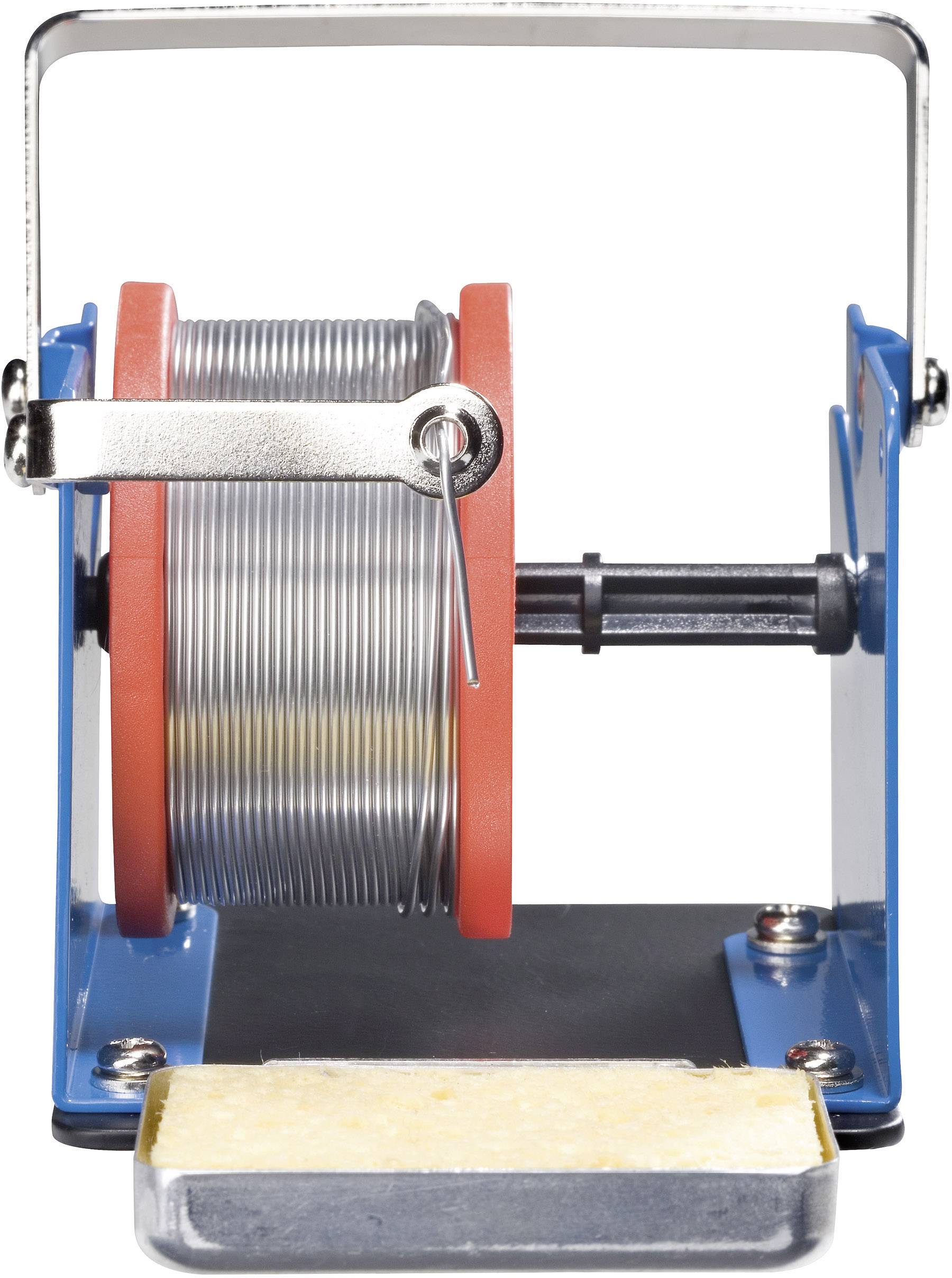 Solder wire dispenser with metal reel, blue base and sponge compartment, for dispensing solder wire in electrical work.