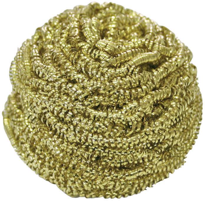 A tightly wound, shiny, gold-coloured metal scouring pad in the shape of a small ball.