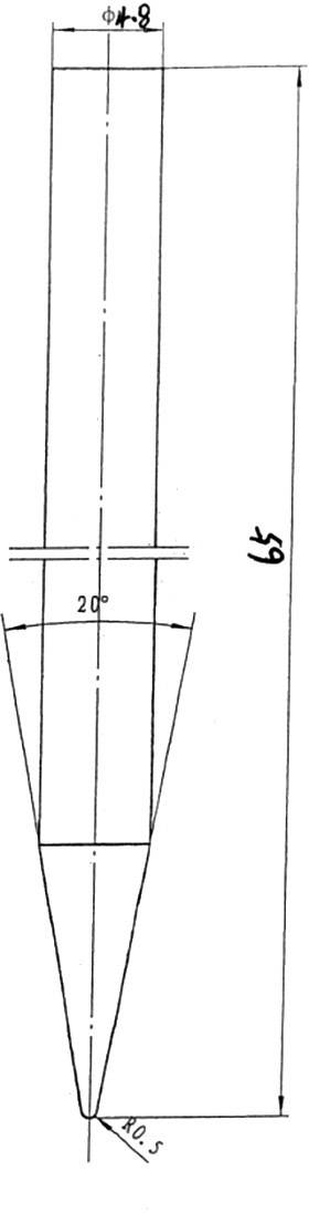 Technical drawing of a conical pin. Top diameter 4 mm, tapering to a point at the bottom. Length 69 mm. Angle at bottom 42.5°.