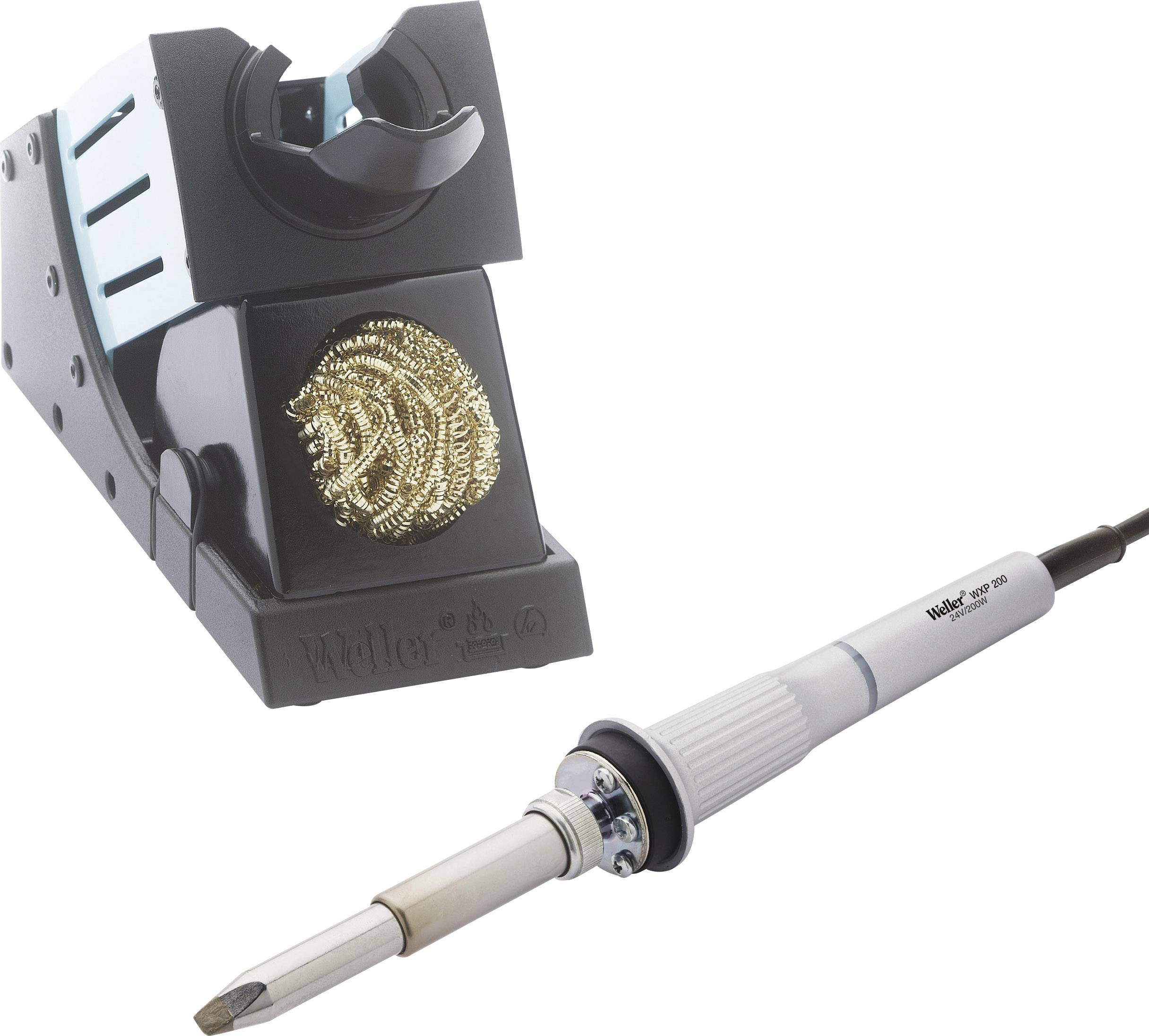 Soldering iron with stand and cleaning sponge. The soldering iron has an ergonomic handle and an interchangeable tip. Ideal for electronics work.