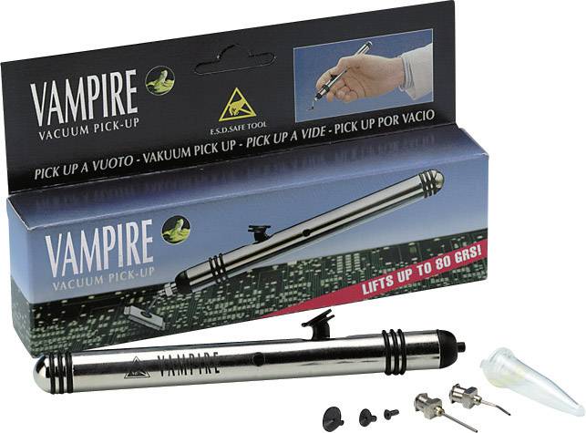 'Vampire Vacuum Pick-Up' Tool Set: Contains a metal pin with attachments and spare parts. Suitable for lifting small objects up to 80g. Packaging shows the tool in action.