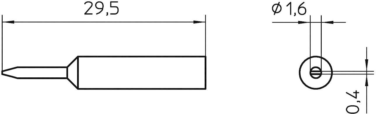 Technical drawing of a metal pin with length specifications: Total length 29.5 mm, diameter 1.6 mm, tip 0.4 mm.