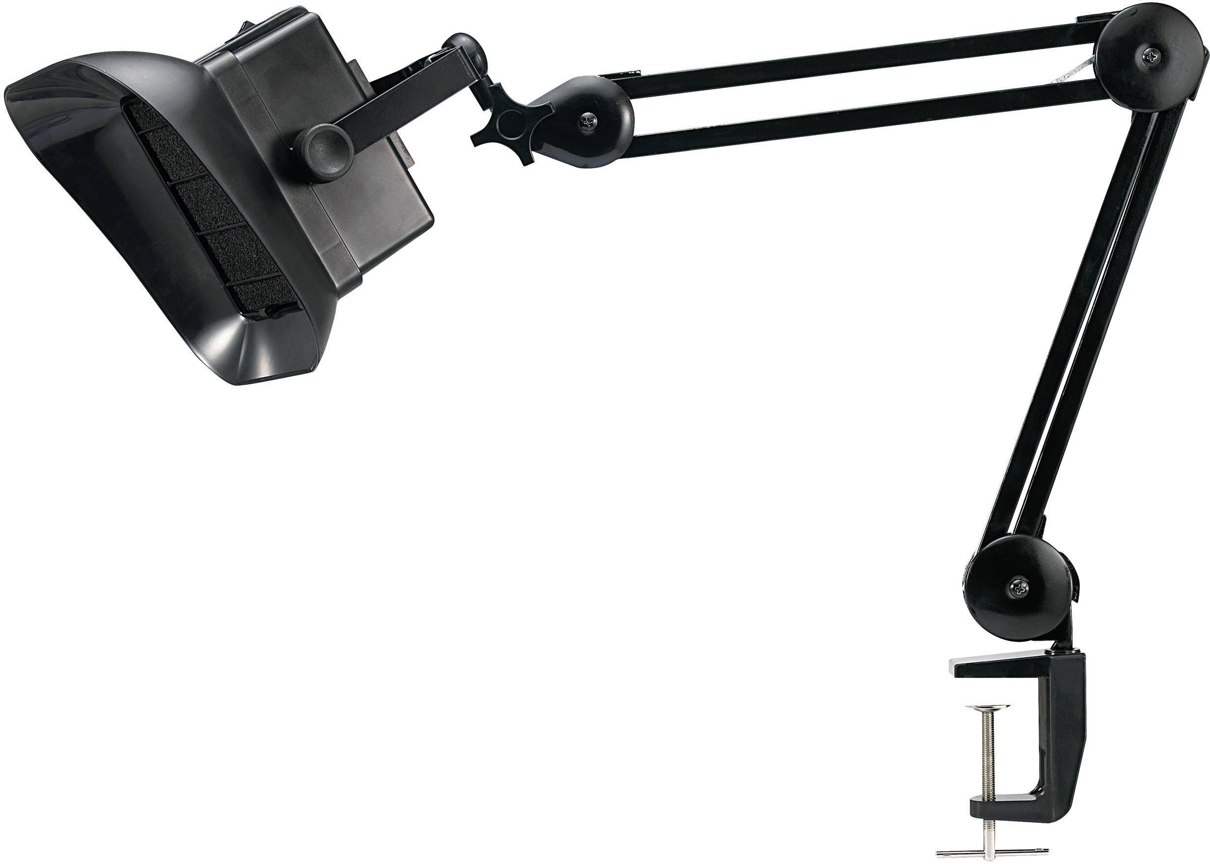 A black swivel arm with a clamp. It can be attached to a table and holds devices or microphones.