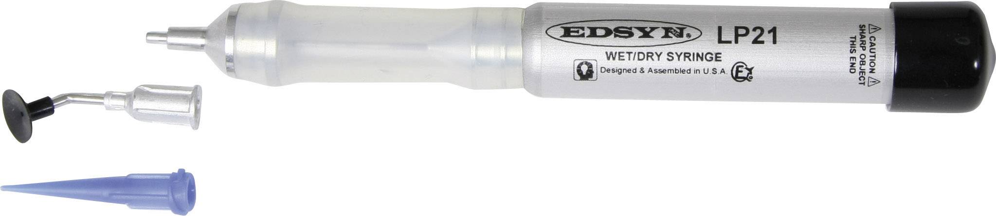 Solder paste dispenser EDSYN LP21 with blue needle tip and removable cap, on white background.