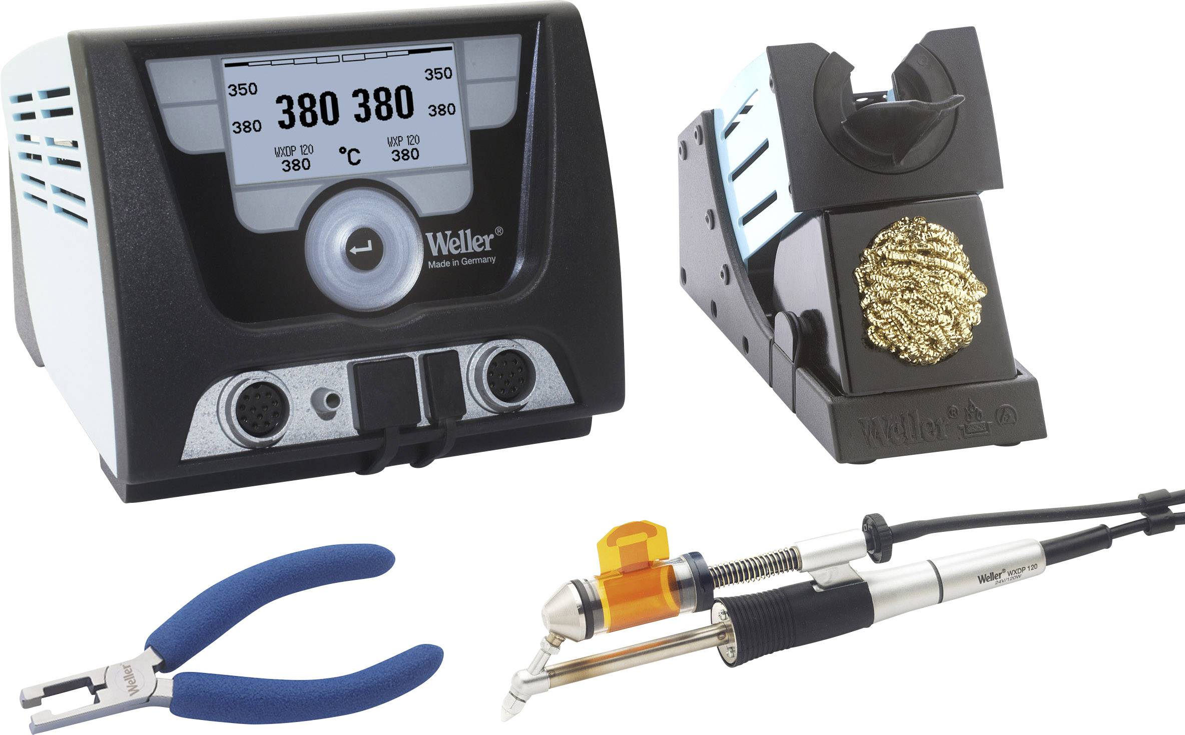 Soldering station with multi-stage digital display, showing 380°C. Nearby, a stand with a cleaning sponge and tweezers. Ideal for precise soldering.