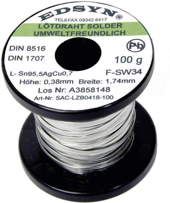 Reel of eco-friendly solder wire. Label: 'EDSYN' and technical details such as alloy Sn95.5Ag0.7Cu, diameter 0.38 mm.