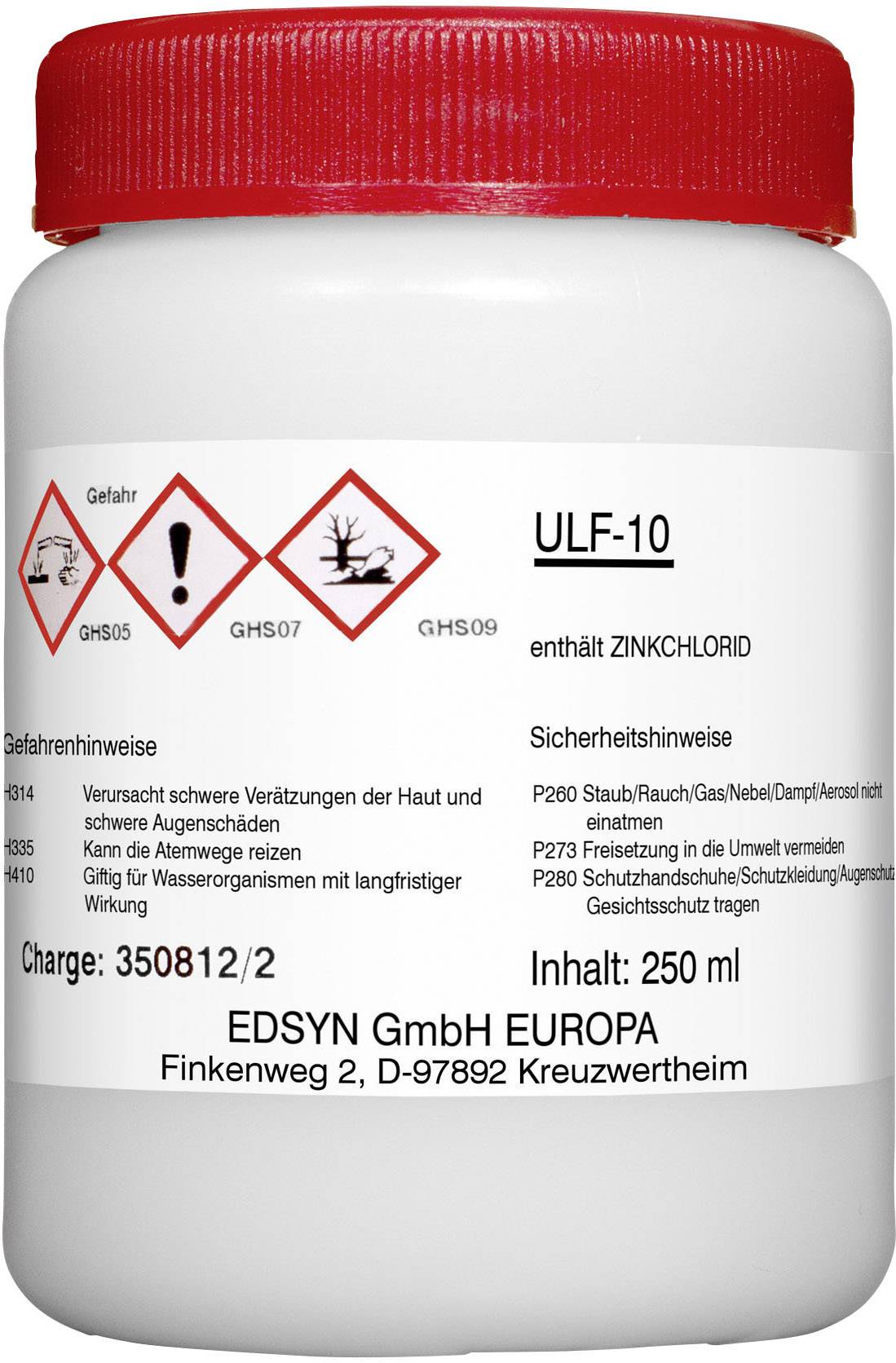 A white container with a red lid. Label shows 'ULF-10' and hazard warnings: irritant, environmentally harmful. Contains zinc chloride.