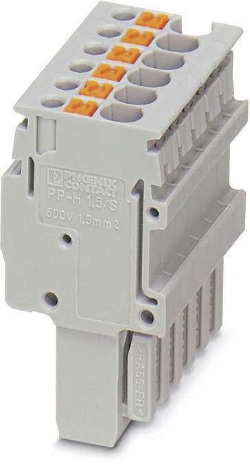Electrical terminal block with orange levers, suitable for 500V, 1.5mm² cable; product by Phoenix Contact.