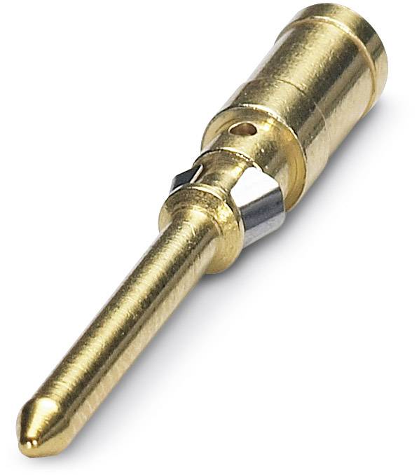 A gold-coloured connector pin with a shiny metal cylinder and a small lateral opening, rests on a light surface.