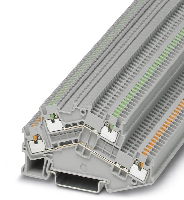 Multi-storey grey terminal block with colour-coded connection terminals (orange, green) for flexible wiring applications in control panel construction.