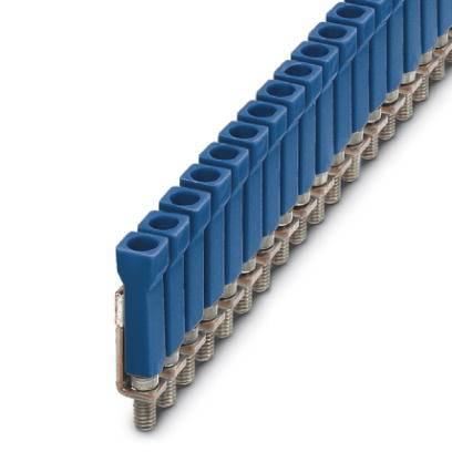 A blue electrical connector block with multiple terminals for connecting wires in an electrical cabinet.