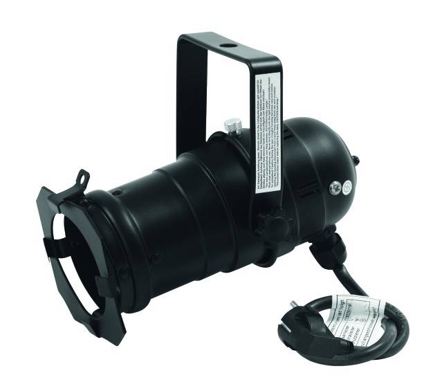 A black stage spotlight with power cable and mounting system for professional lighting in theatre or concert environments.