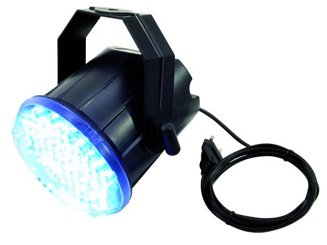 A blue LED spotlight with a black casing and a cable coiled beside the device. Ideal for stage lighting.