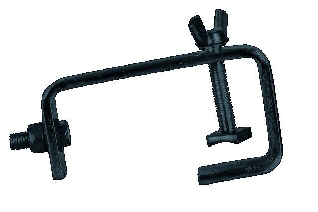 A black G-clamp with wing nut and bolt, suitable for securing or fixing objects, pictured against a white background.