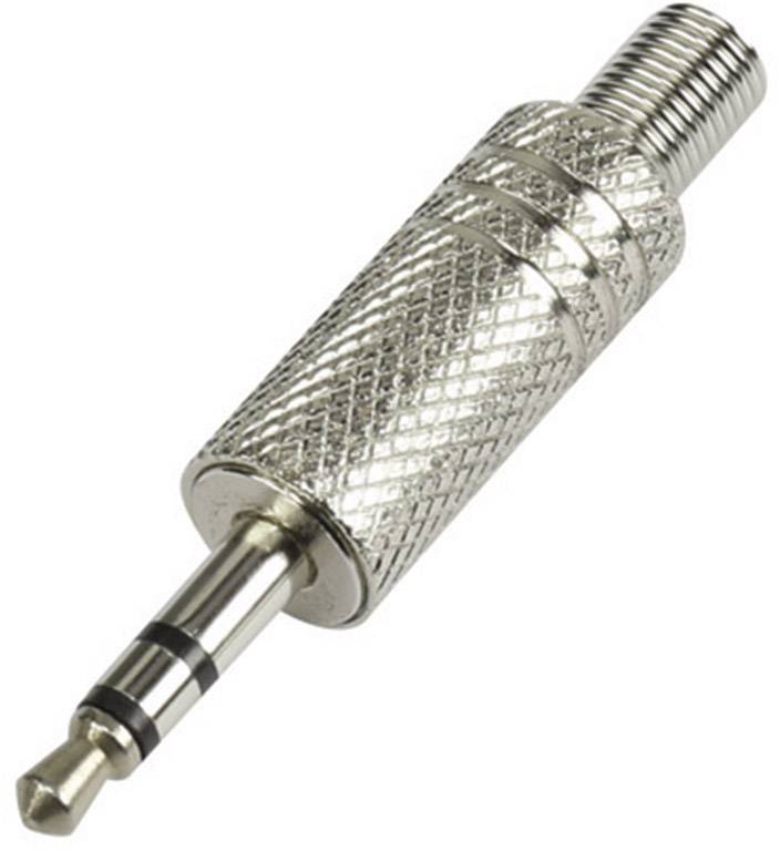 Image of a silver 3.5-mm jack plug with a ridged surface and three rings for stereo audio connections.