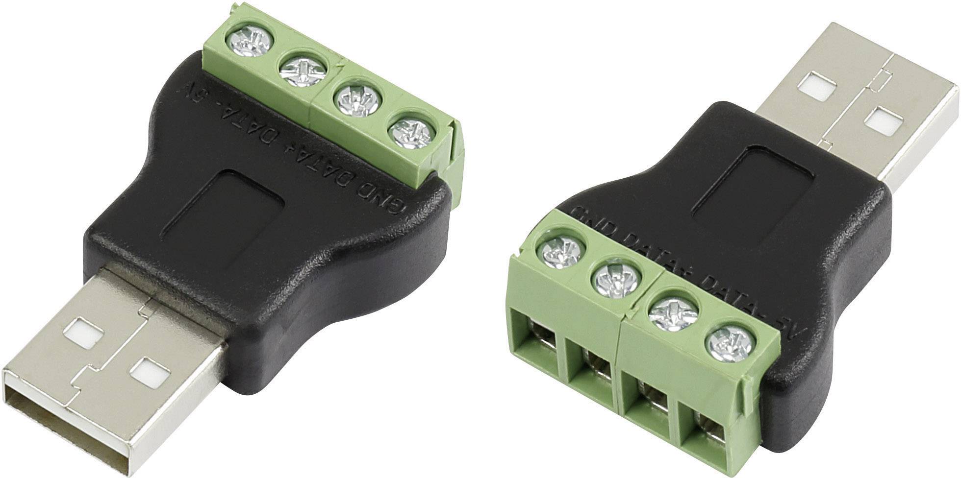 Two USB plug adapters with green screw terminals, suitable for DIY electronics projects or connections with non-USB devices.