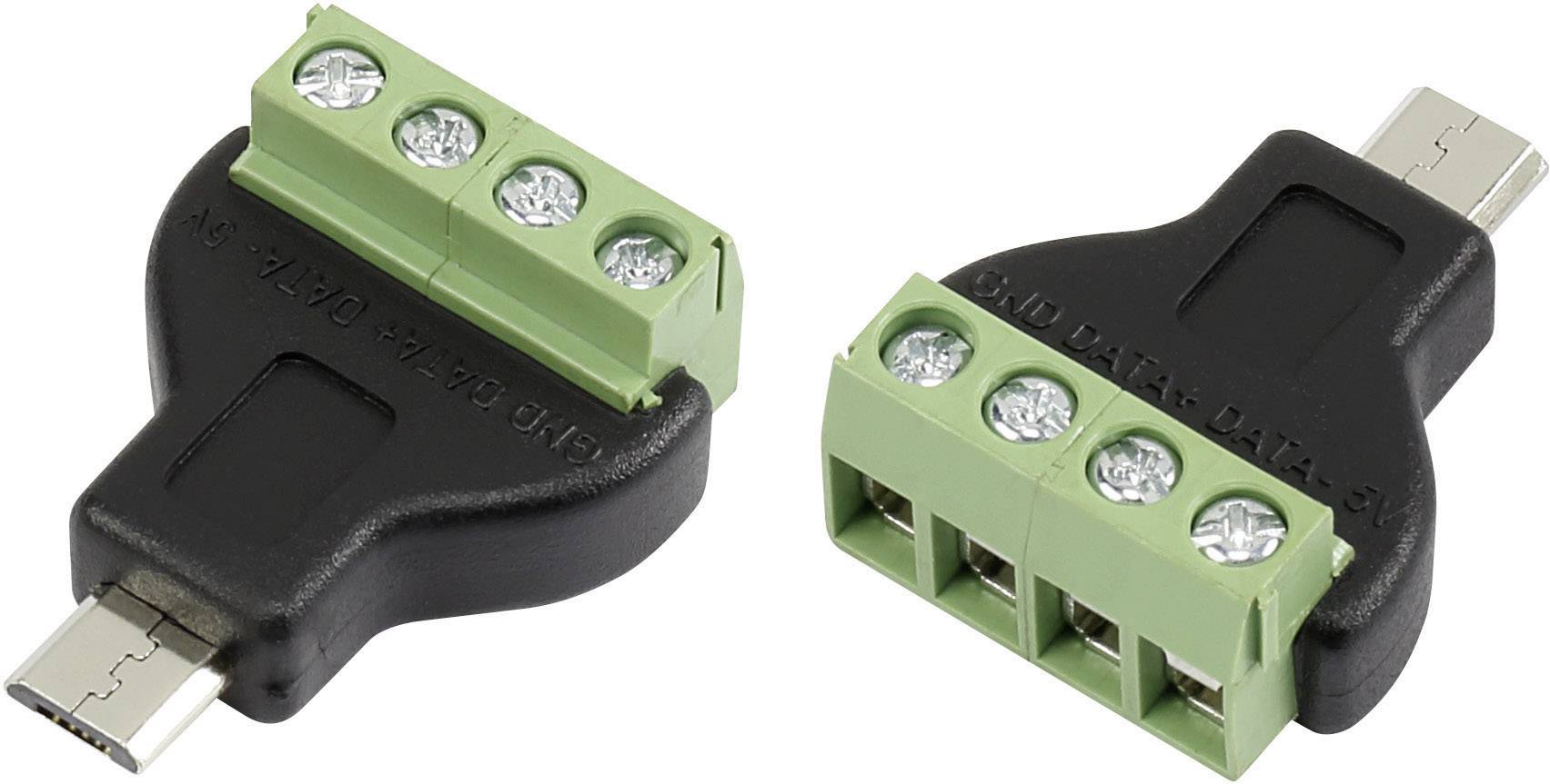 Two black adapters with green connection terminals, each with four screw terminals on top. Adapters have USB Micro-B plugs.