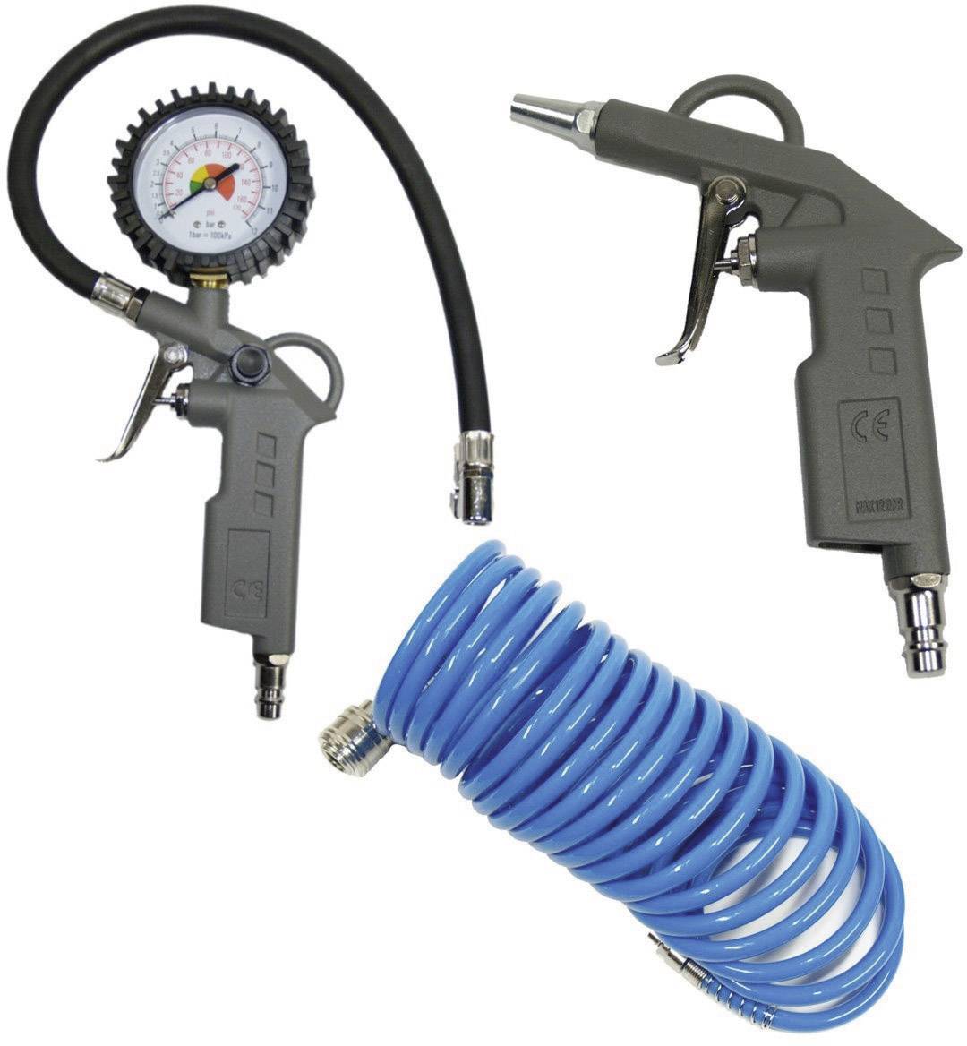 A pressure gauge with a hose, an air pressure gun, and a blue spiral hose, which together represent tools for compressed air applications.
