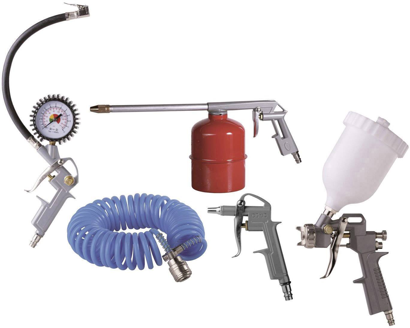 Pneumatic tool set with spray gun, tyre inflator with pressure gauge, spiral hose, oil can and pressure gun against a white background.