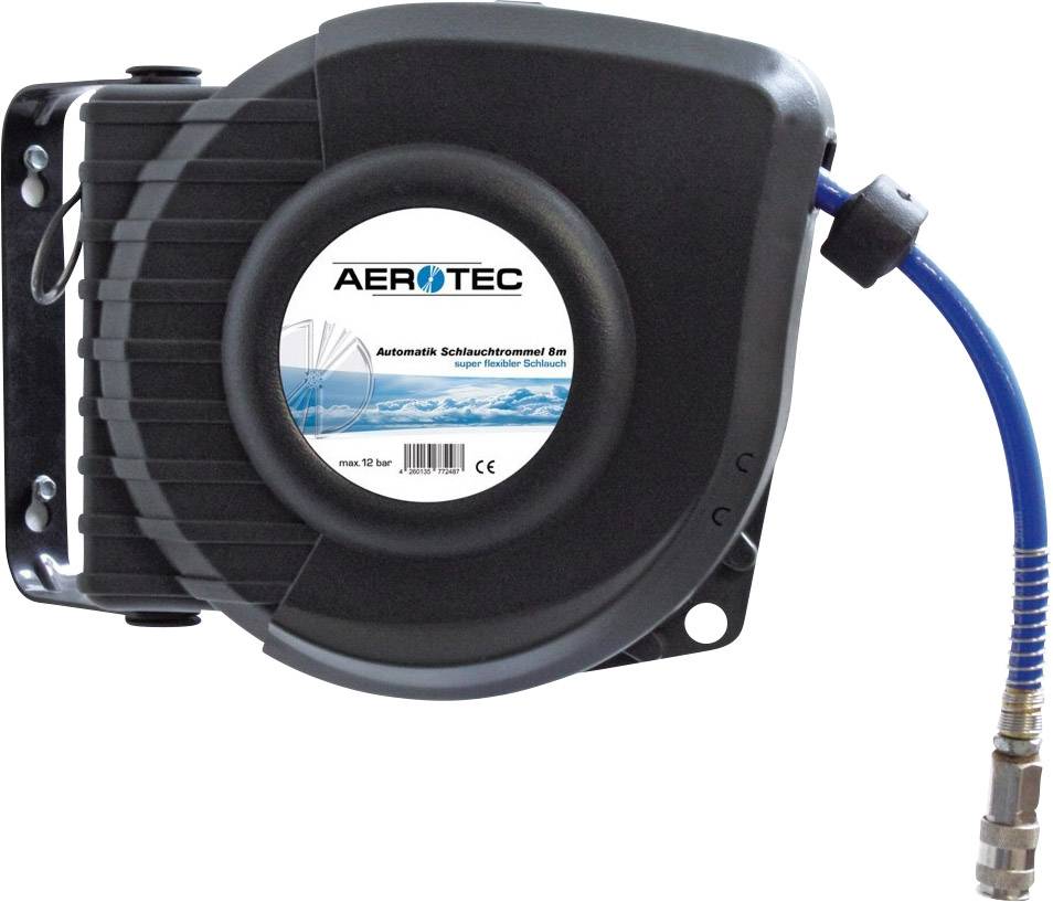 Automatic hose reel by Aerotec, black, with blue hose and metal connector.