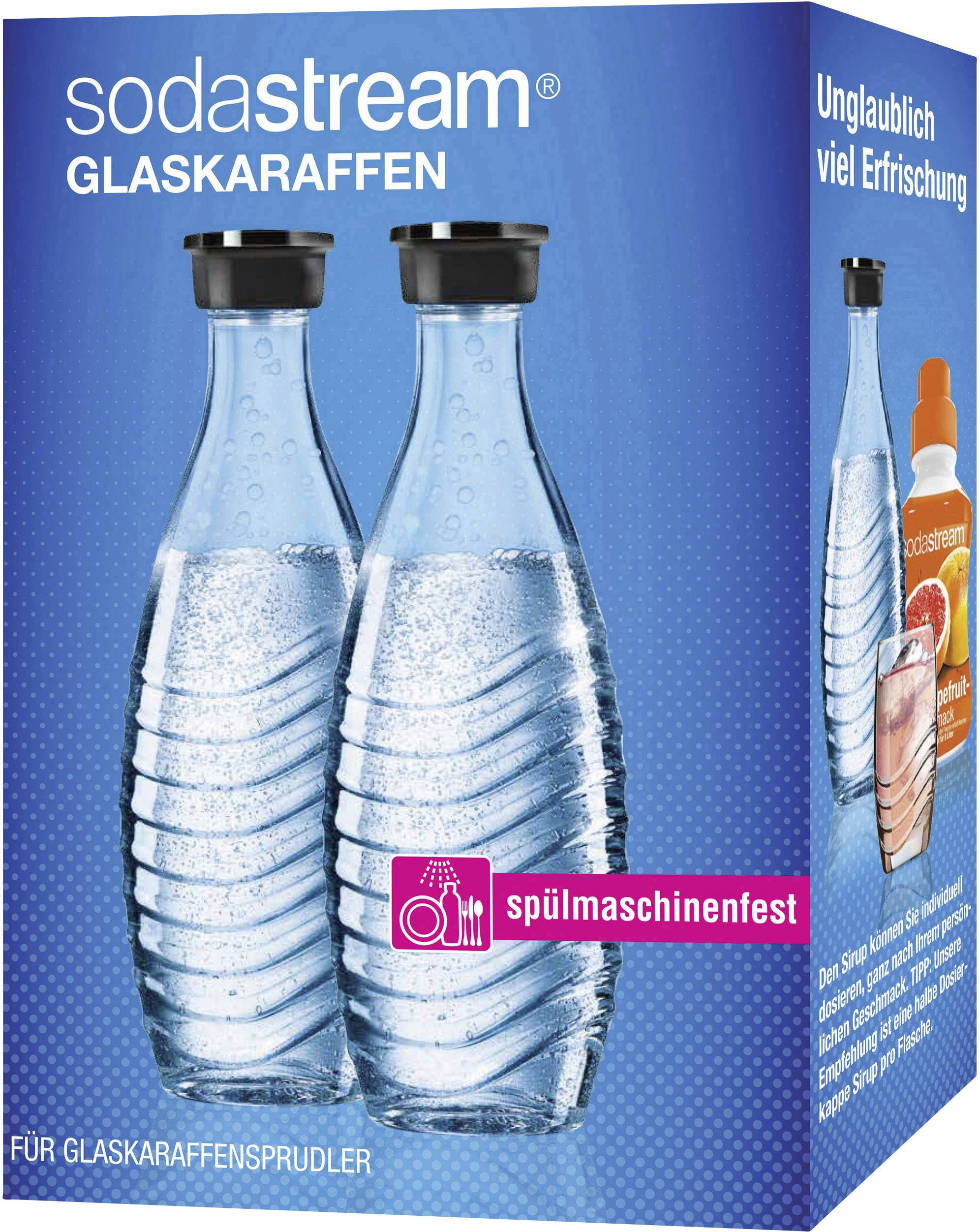 Pack of two glass carafes for SodaStream sparkling water makers. Dishwasher safe. Provides refreshment at home.