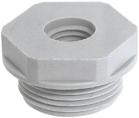 Grey plastic shaft cap, hexagonal in shape, with threading and a central opening.