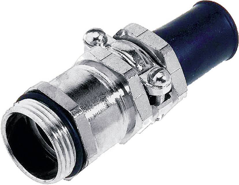 Metal connector with thread and two screws, connected to a black plastic pipe, likely for water or gas systems.