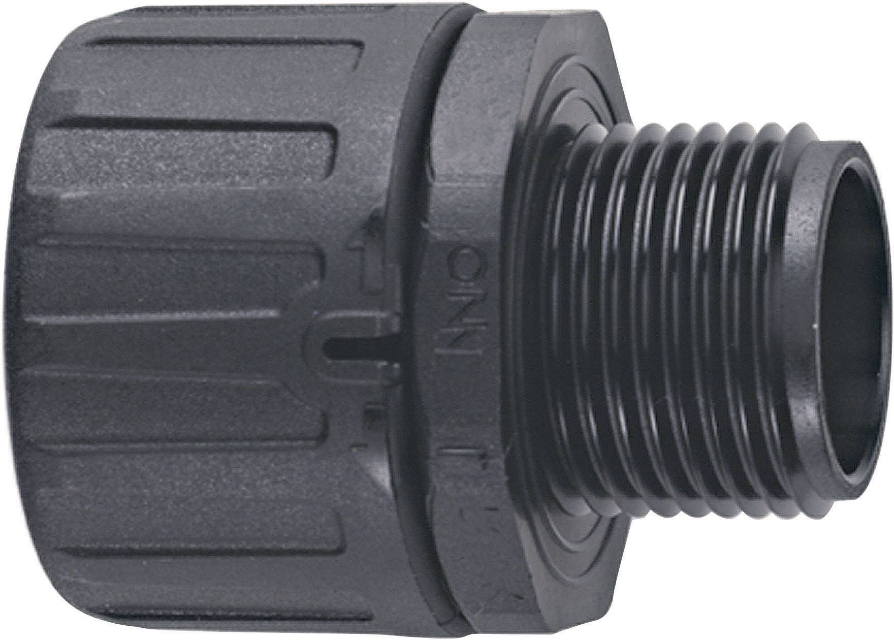 Black plastic connection adapter with external thread and ribbed surface, suitable for water piping systems.