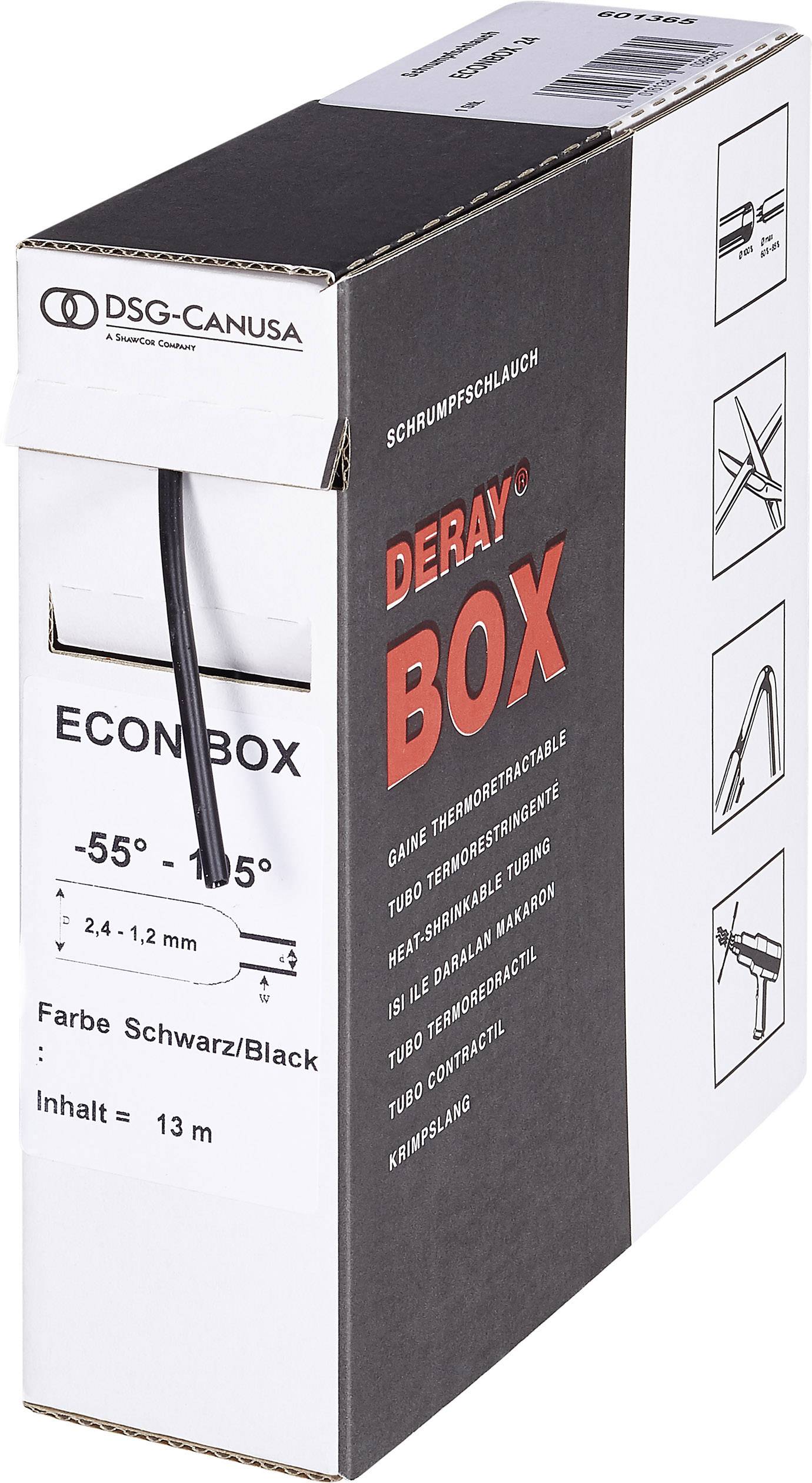 'Deray Shelf Box' heat shrink sleeve, temperature range -55°C to 135°C, black colour, length 13m, DSG-Canusa brand logo.