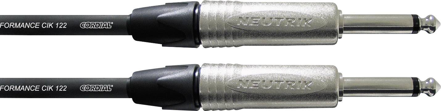 Two black jack cables with silver plugs, labelled 'Cordial' and 'Neutrik'.