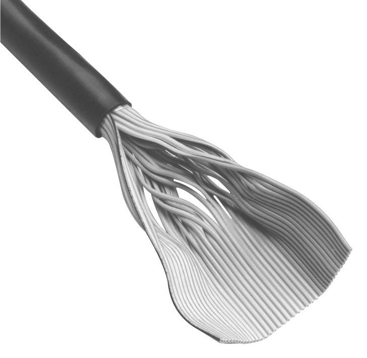 Open cable with multiple insulated wires, showing the internal structure of an electrical cable.