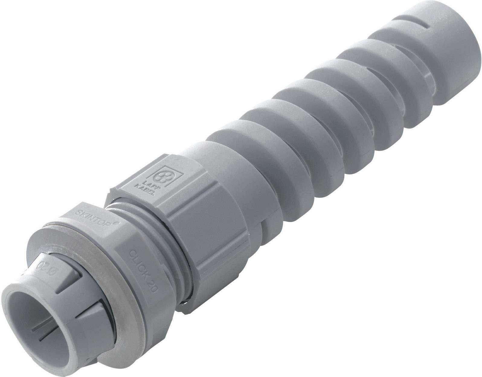 Grey flexible cable protection conduit with corrugated surface and connection adapter, suitable for electrical installations.