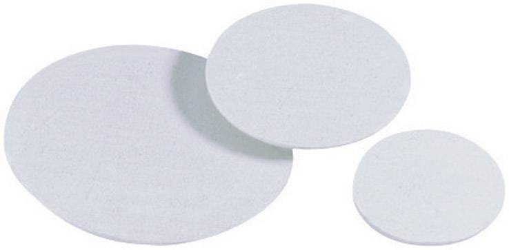 Three differently sized, flat, round filters made of translucent material, layered on top of each other.