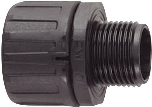 A black plastic hose connector with threaded connection.
