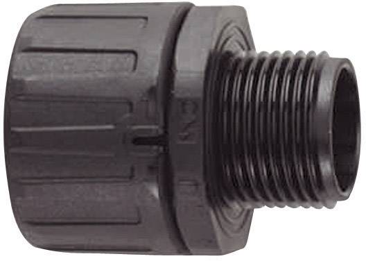 Black plastic adapter, external thread on the right-hand side, knurled edge on the left, suitable for pipe connections.