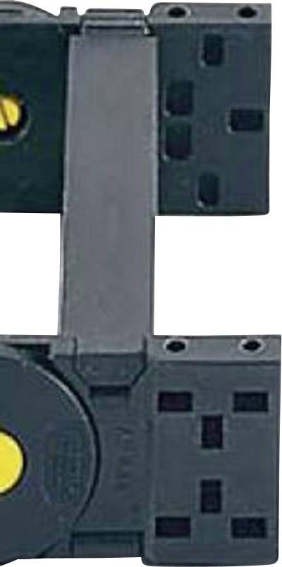 Black electrical component with rectangular terminals and two yellow round elements. Used for electrical connection.