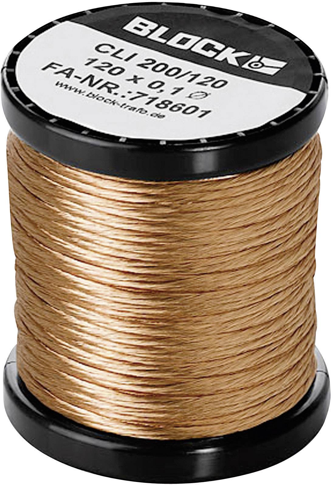 Coil with copper-coloured wire, brand name 'BLOCK' and product details on the lid. Used for electrical applications.