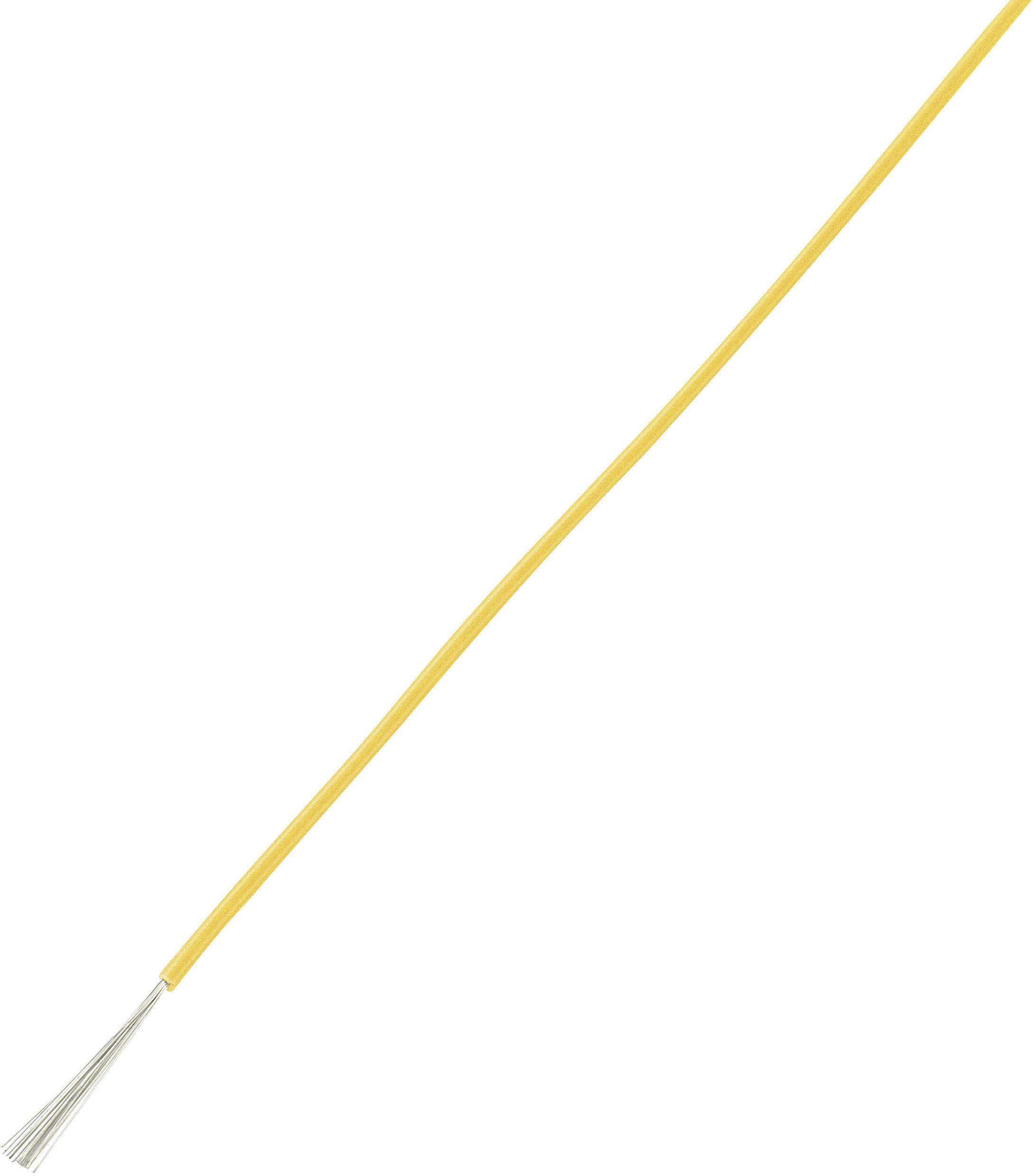 A single yellow cable with exposed silver wires at its ends on a white background.