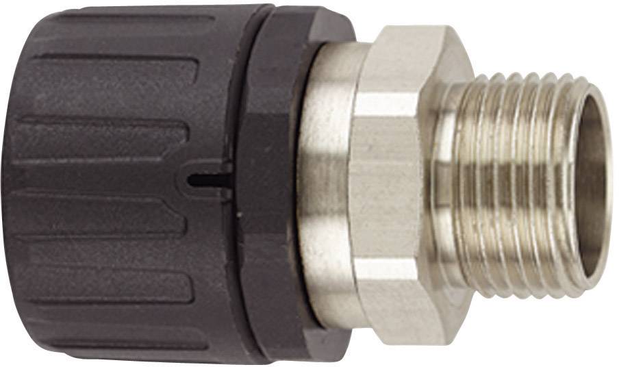 A metal connector with thread and black plastic cap. Suitable for pipe connections in domestic installations and industrial applications.