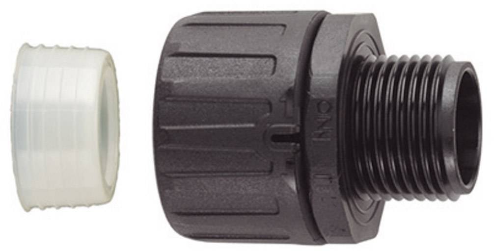 Two parts of a plastic pipeline adapter: On the left, a white sleeve; on the right, a black threaded component with external threading.