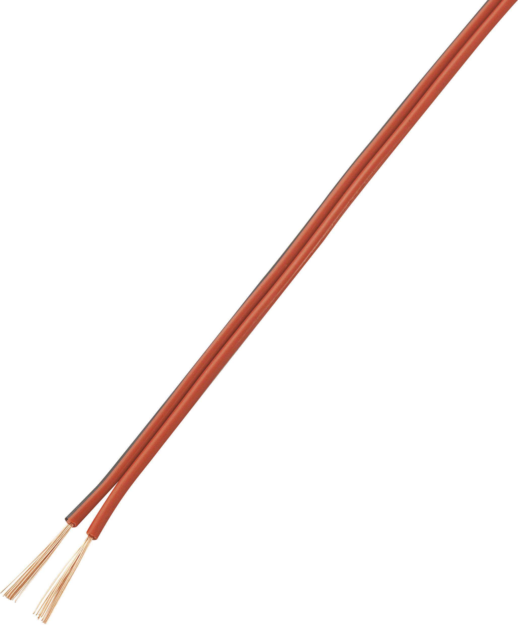 Red and black speaker cable with copper strands at the ends, suitable for connecting audio devices.