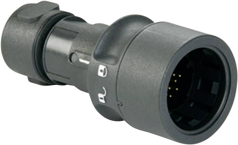 A black multi-pin plug adapter with a cylindrical form and multiple connection pins at the end, used for electrical wiring.