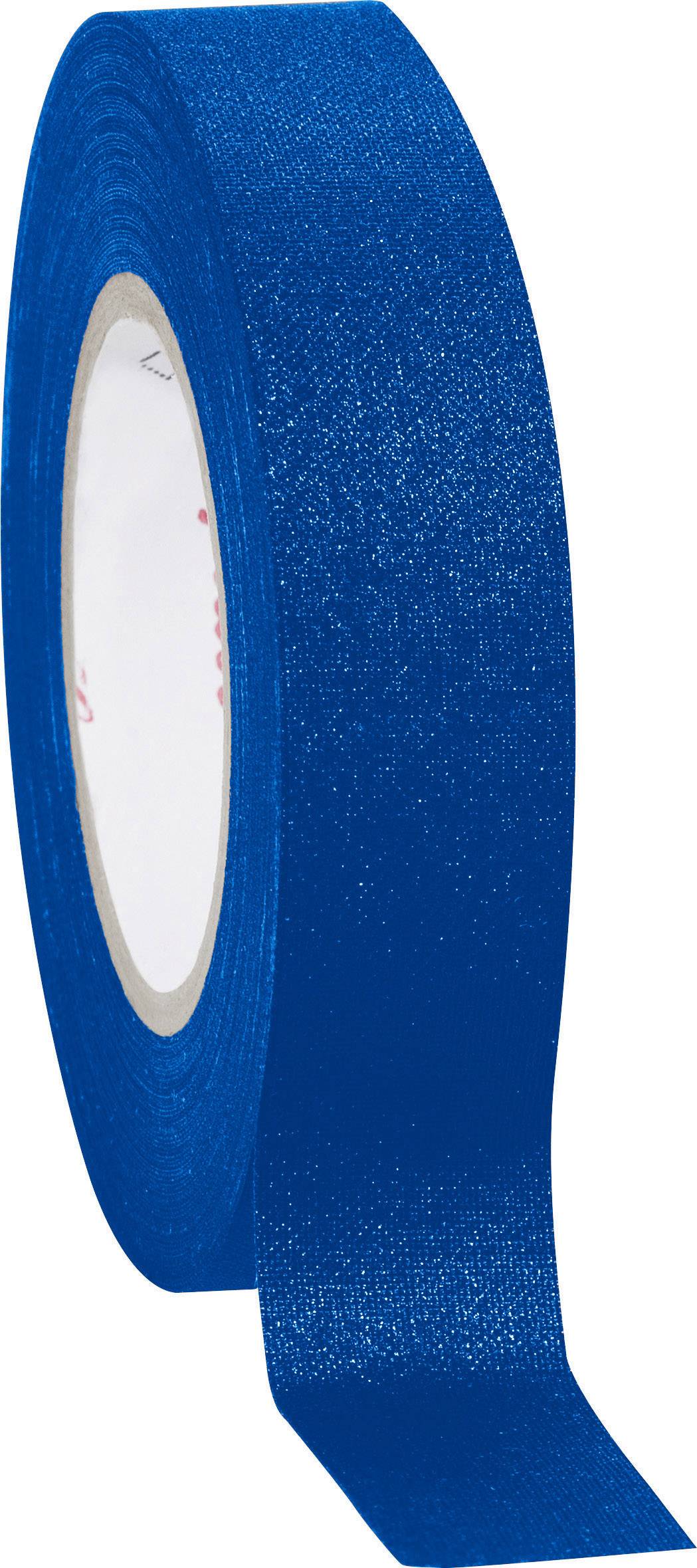 A roll of blue adhesive tape with a shimmering surface lies partially unrolled.