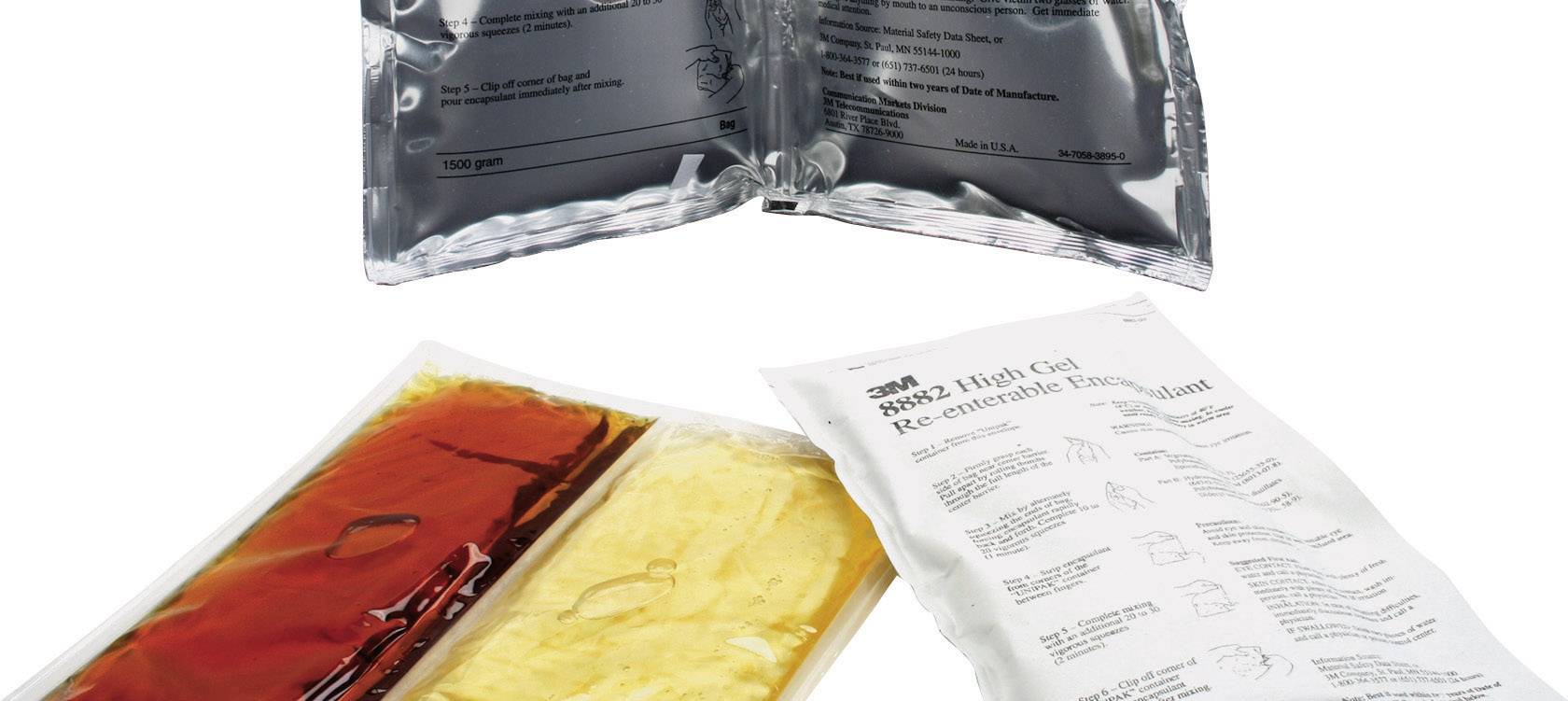 Three resealable emulsion pouches in different colours and labels for storing liquids.